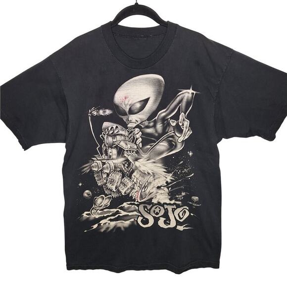Vintage 1997 Sojo Liquid Blue Fijak T-shirt L Alien Attack Motorcycle Biker UFO - Picture 1 of 7